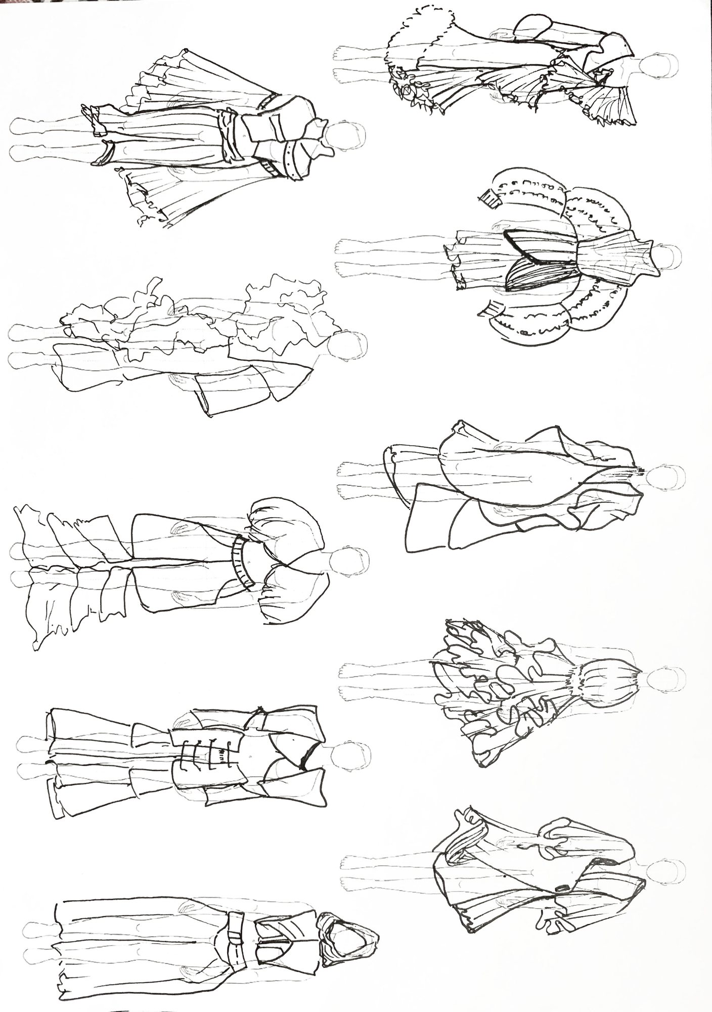 Sheet of silhouette sketches including the hooded vest