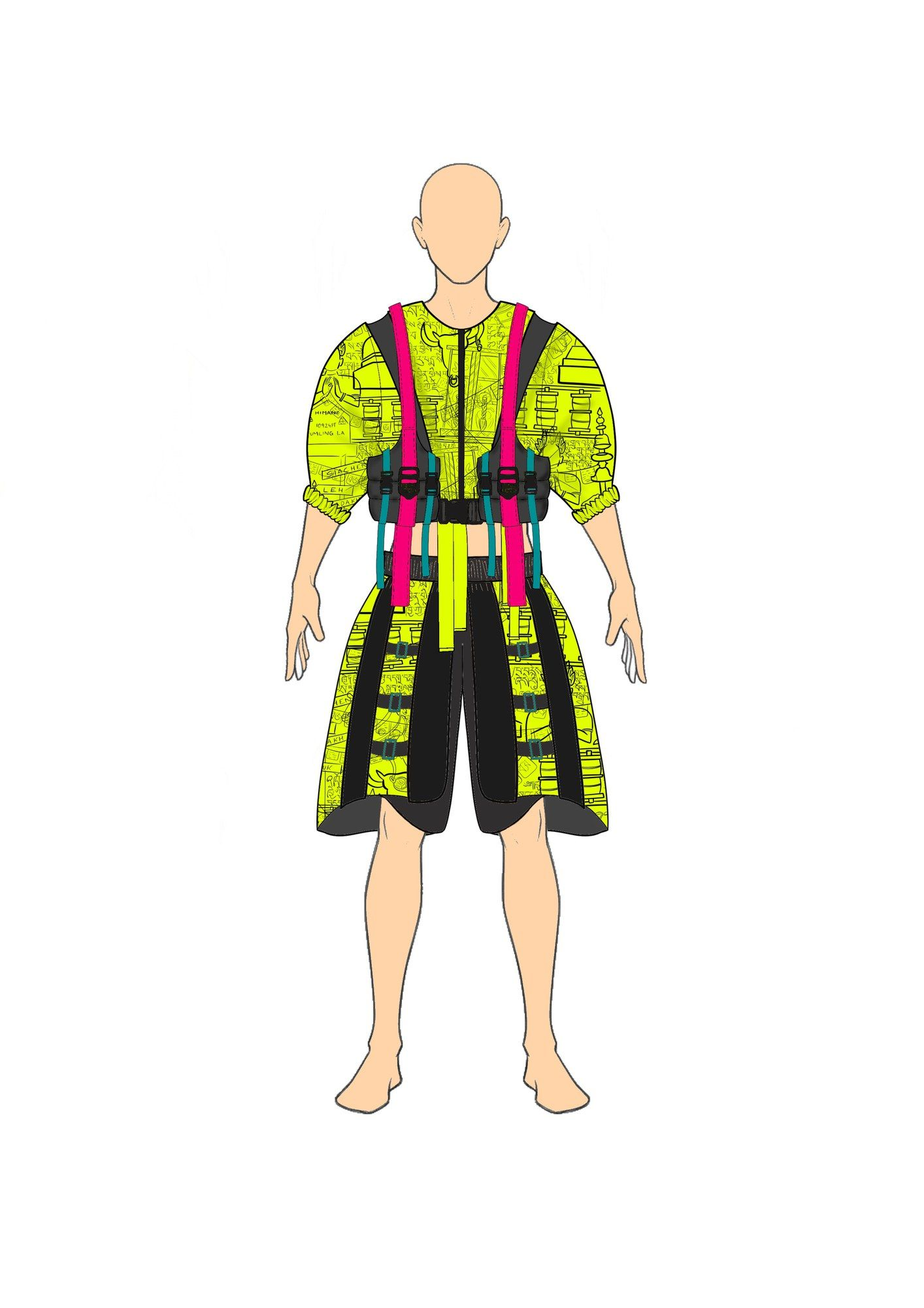 Illustration of the puff-sleeve top and harness shorts