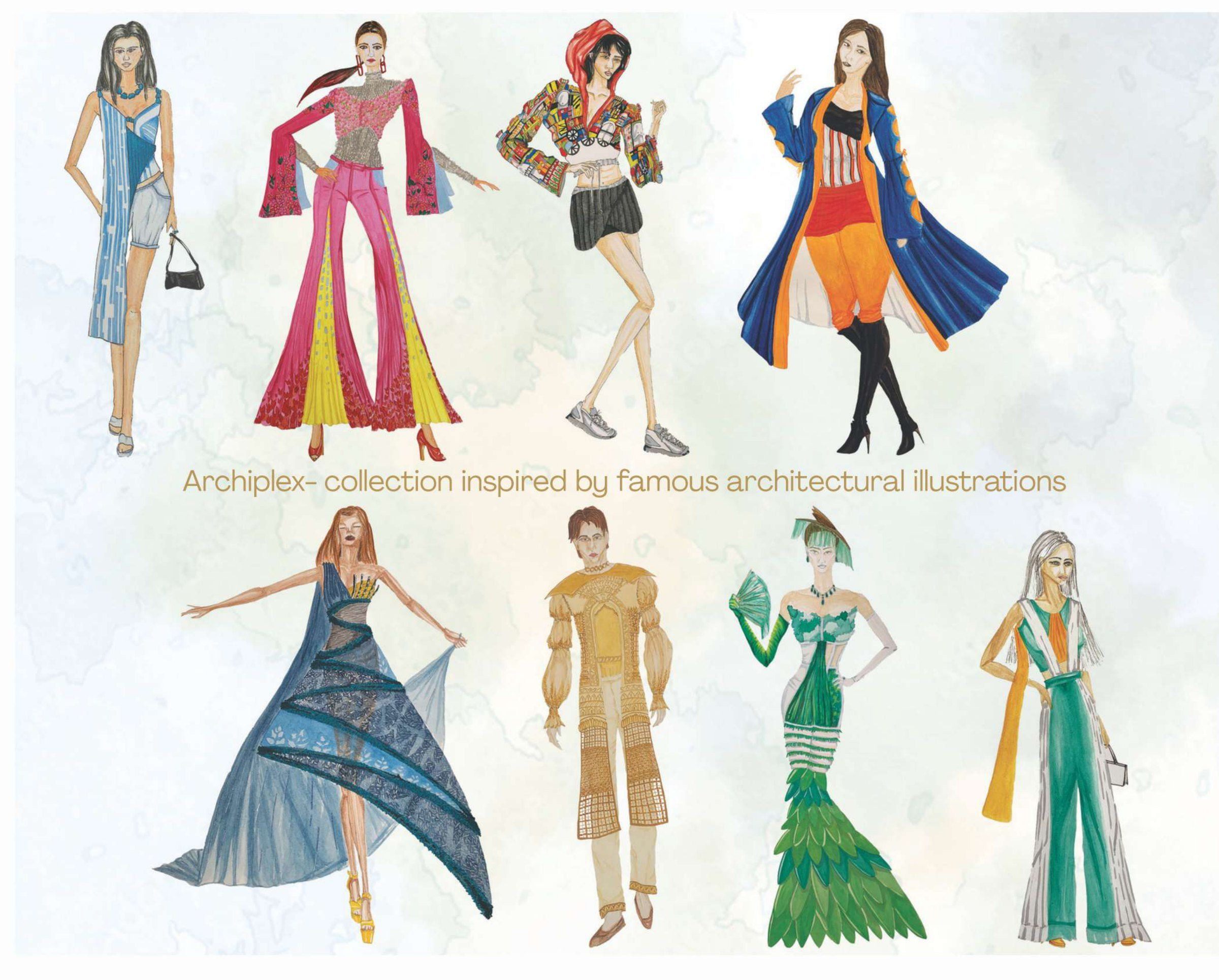 Eight watercolour fashion illustrations inspired by architectural drawings