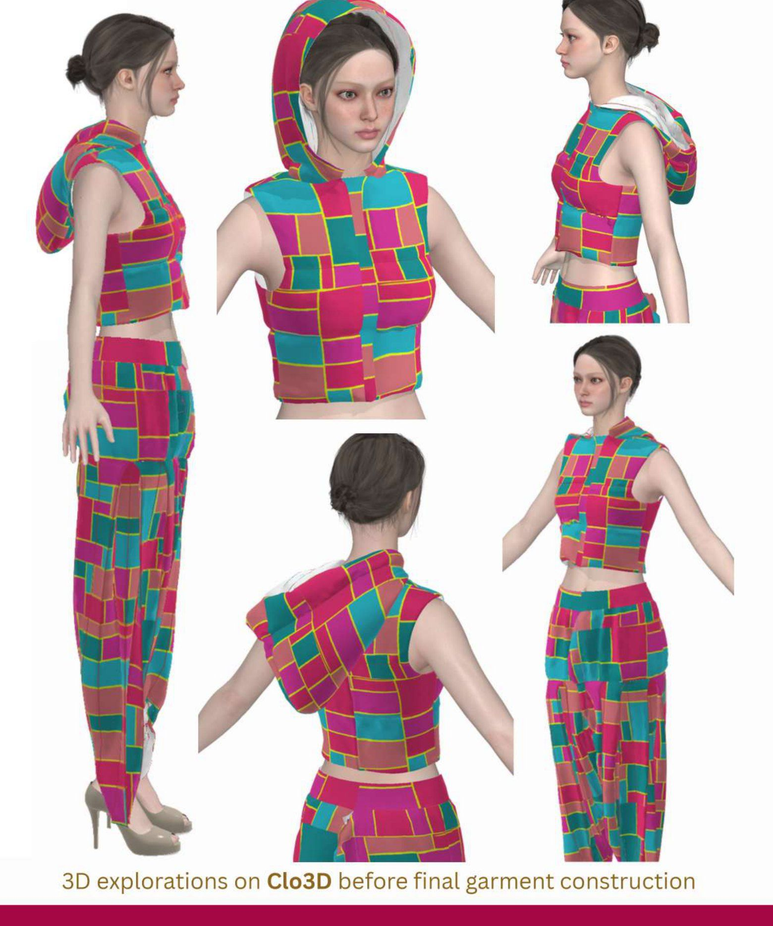 Six CLO3D views of the hooded patchwork vest and harem pant on an avatar