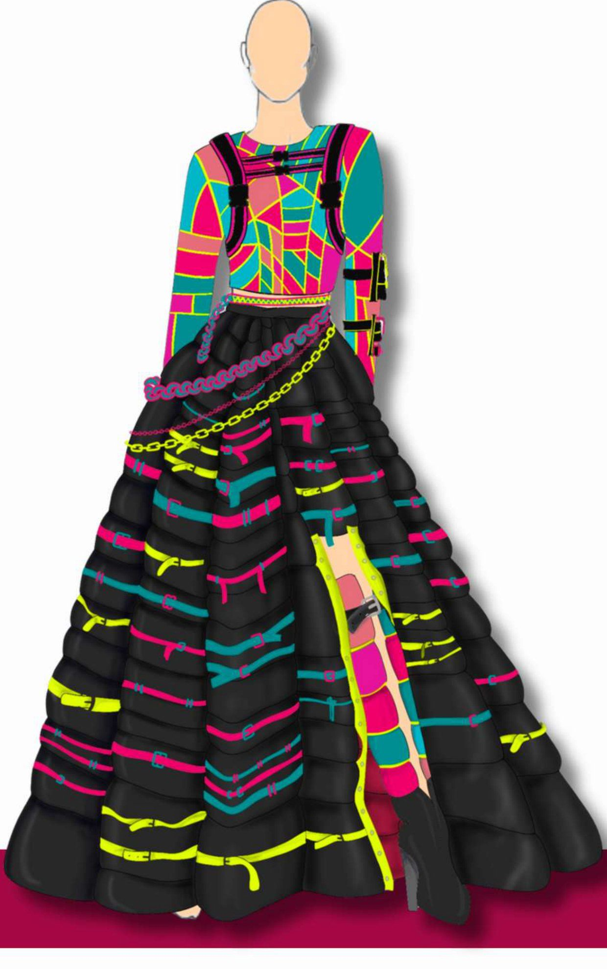 Illustration of Look 01: patchwork top and quilted ball skirt