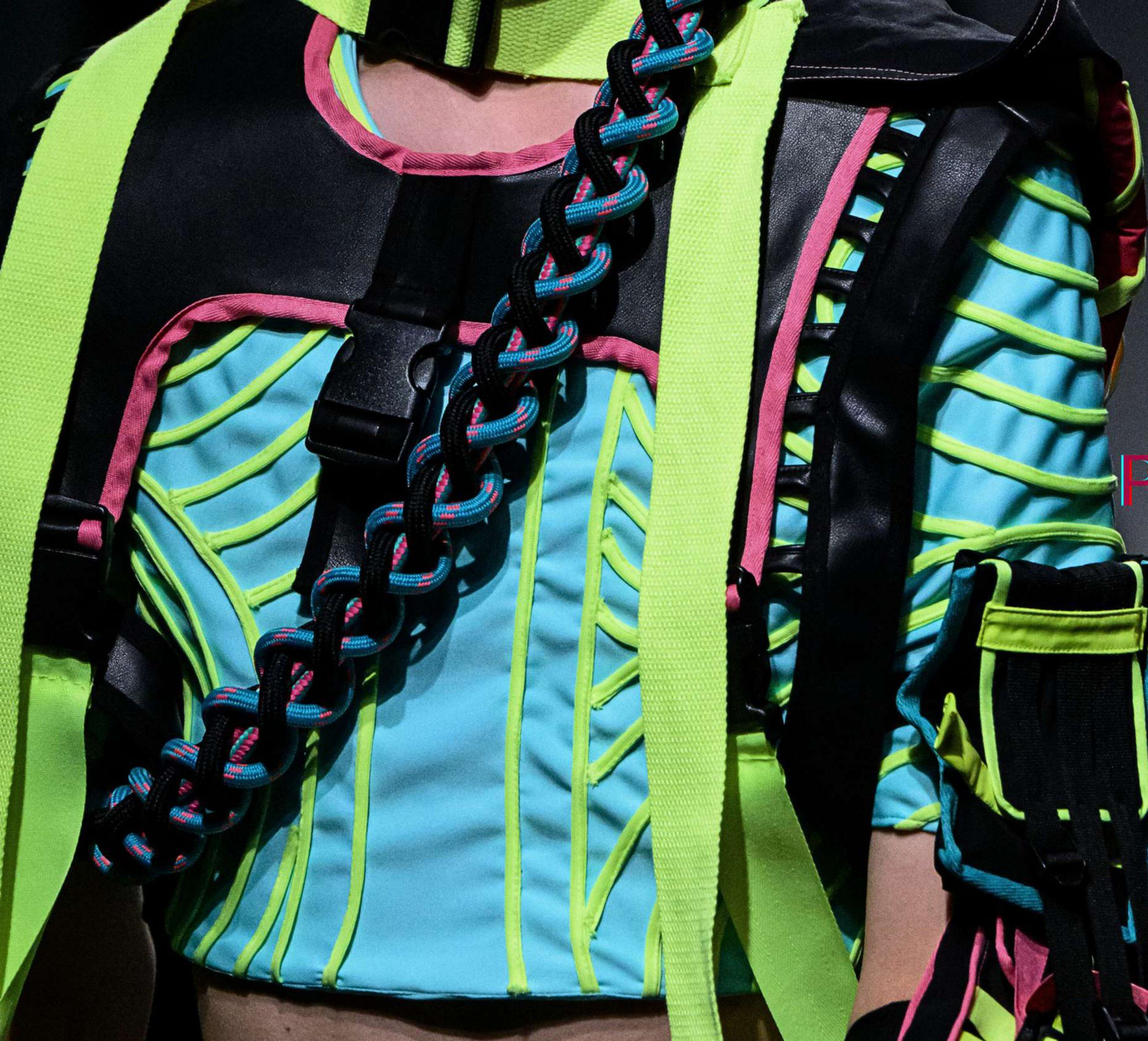 Close-up of the cyan quilted top, lime piping and braided chain