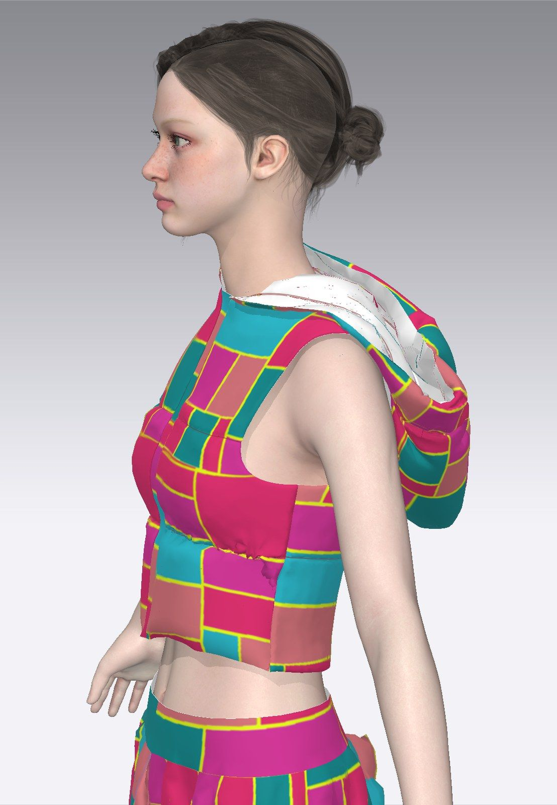 CLO3D simulation of the vest on an avatar, side view