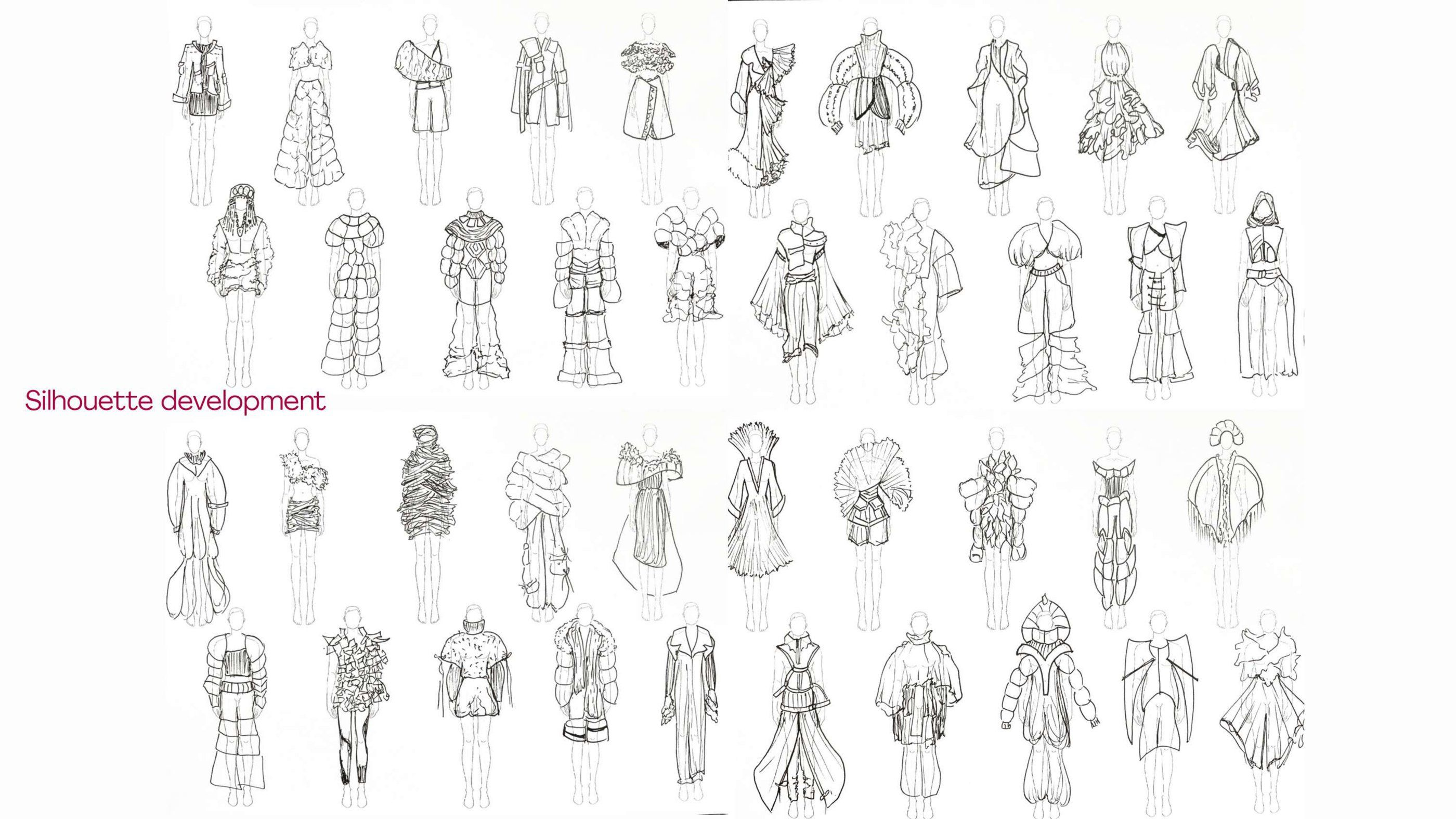 Composite sheet of the silhouette development sketches