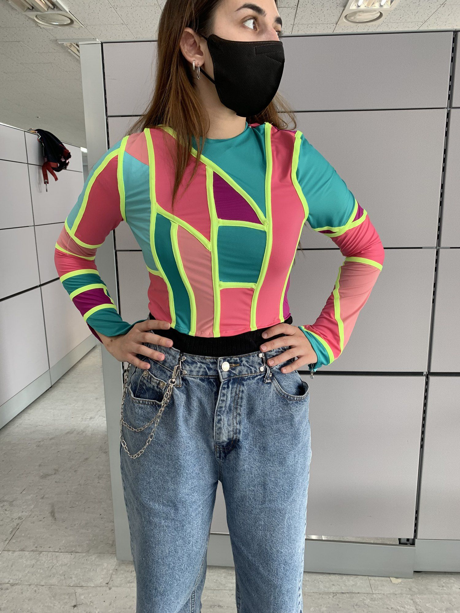 Etosha's friend wearing the patchwork top with jeans