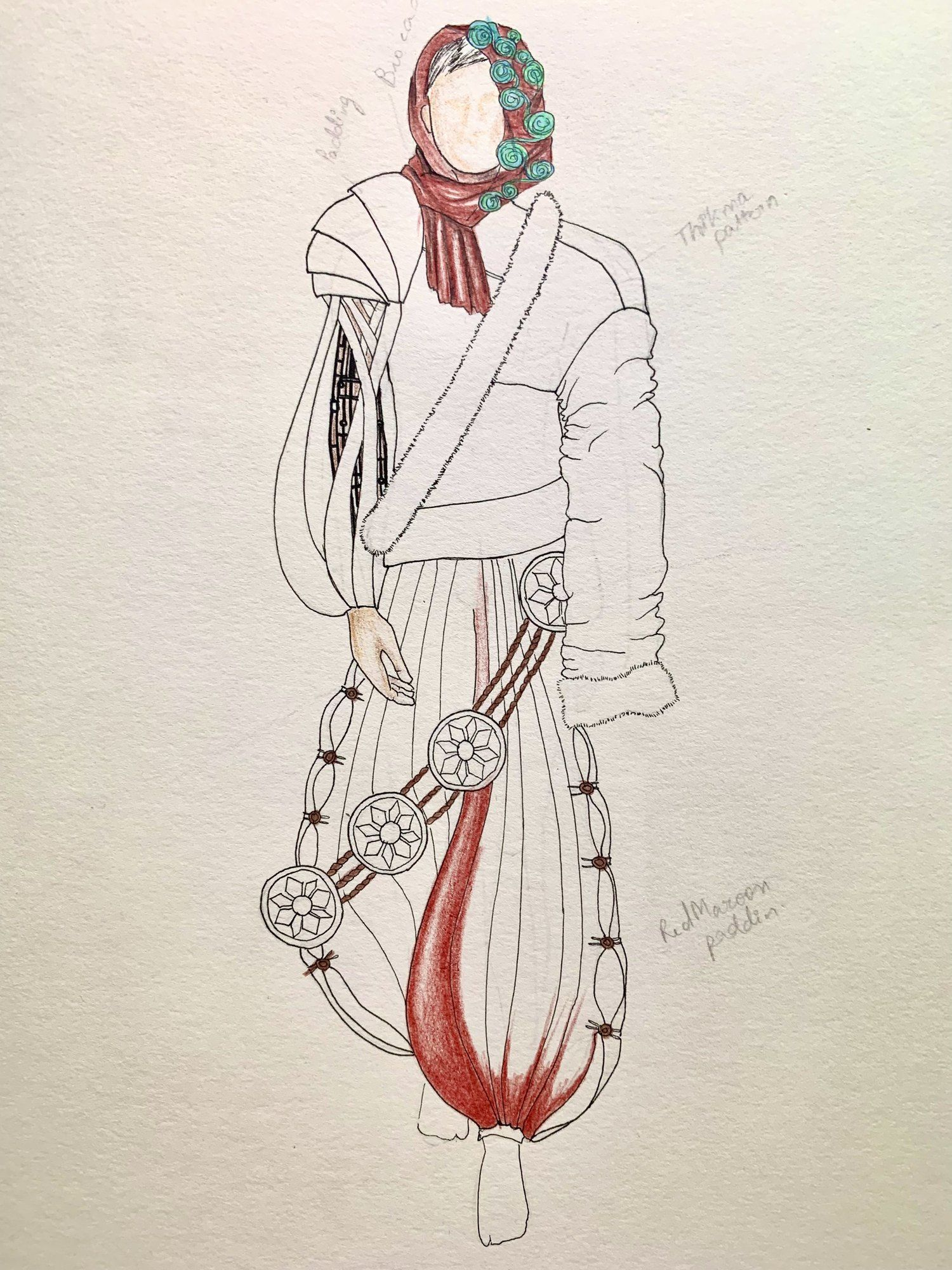 Pencil illustration of a hooded look with a rope-and-wheel skirt detail